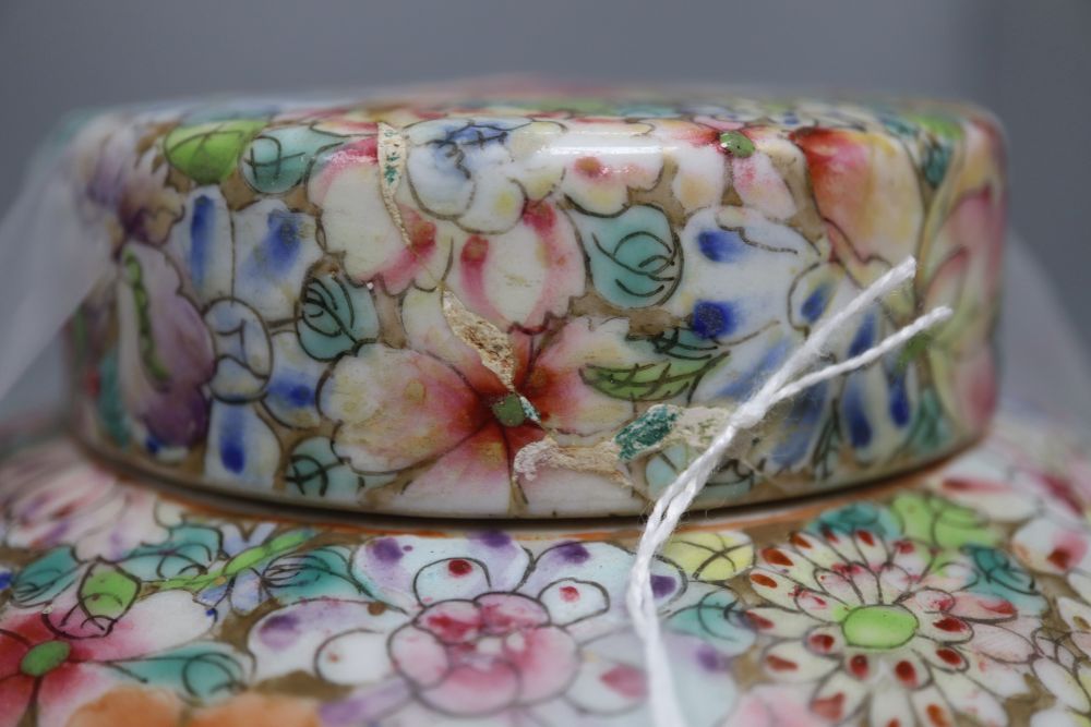 A Chinese millefiore ginger jar and cover, a small blue and white brush pot and an ovoid jar and cover